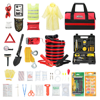 WETBAS Car Roadside Emergency Kit with Jumper Cables, Auto Road Side Safety Kit for Vehicles - with Premium Carry Bag, Repair Tool Set, Folding Shovel, for Men, Women, Teenagers